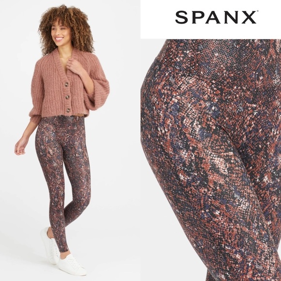 Spanx Faux Leather Snake Shine Leggings Mocha Snake Size XS - Picture 1 of 9